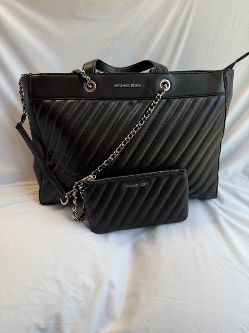 Michael Kors Black Quilted Tote with Chain Strap and Matching Pouch Classic Chic
